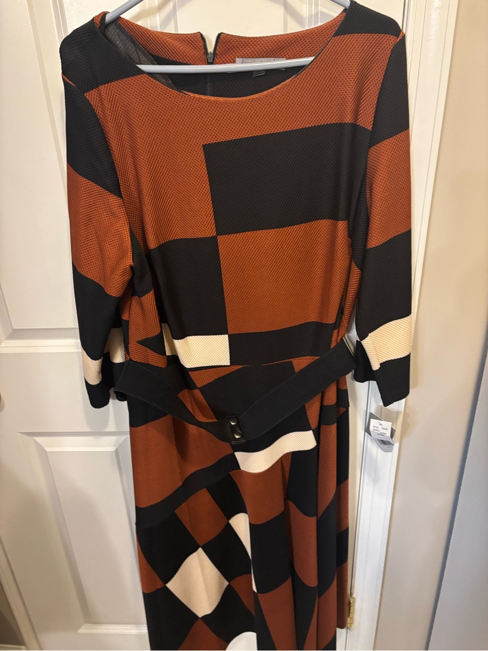 Danny & Nicole Rust, Black & Cream Geometric Midi Dress with Belt